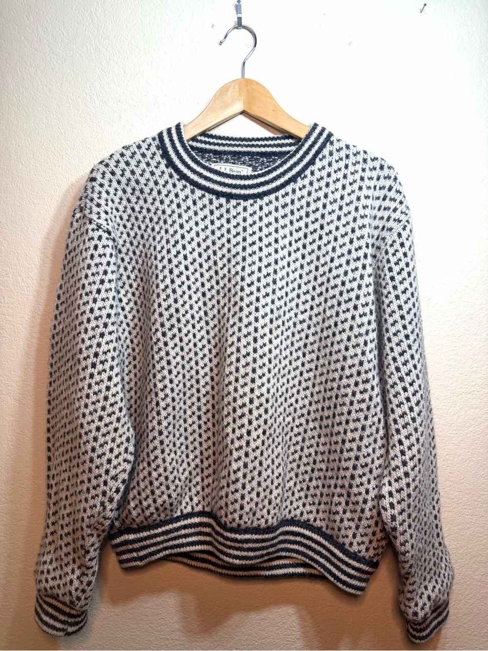 Vintage LL Bean Sweater Mens Large Grey Birdseye Wool Norway Fisherman Knit